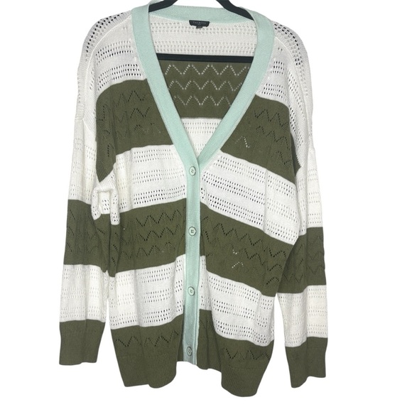 Talbots Green and White Mint Open Knit Cardigan Tipped Pointelle Size 1X - Picture 1 of 7